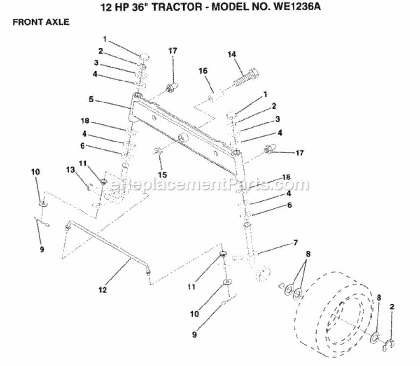 Front_Axle Diagram and Parts List for WE1236A 1999 And Before Weed Eater Lawn Tractor